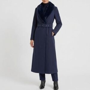 Naked Wardrobe | New Navy Blue Longline Belted Coat Women Faux Fur Collar